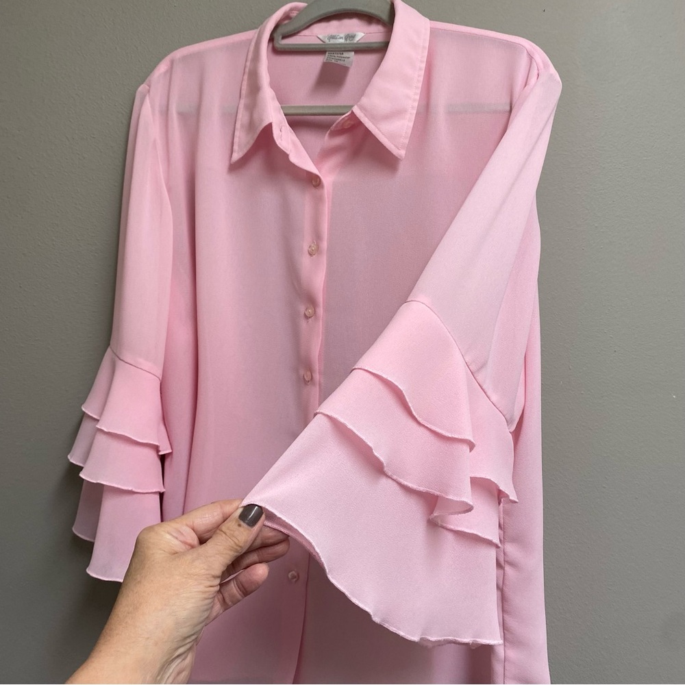 ❤️🎉 Elegant Oversized Pink Ruffled Sleeve Blouse - Picture 3 of 11